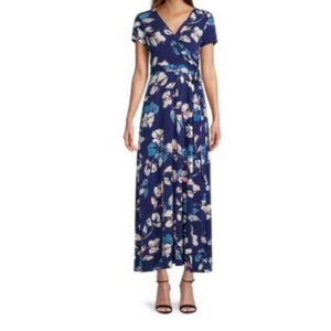 ELIZA J floral faux wrap dress v-neck short sleeve maxi length blue pink size XL